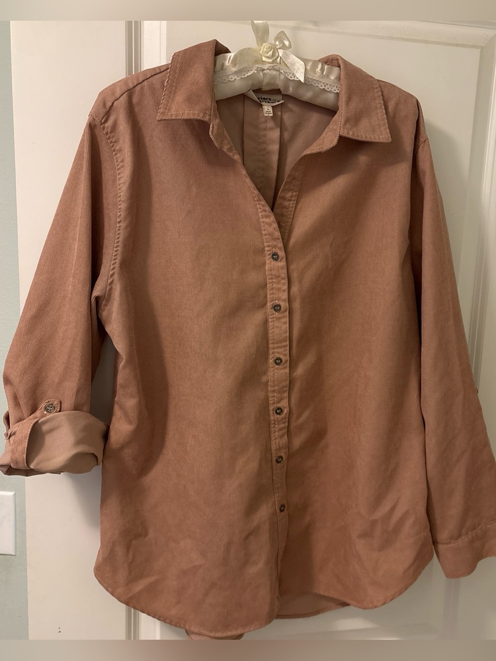 HESTER & ORCHARD Pink Corduroy Long Sleeve Shirt-Roll Tab Sleeves-Large